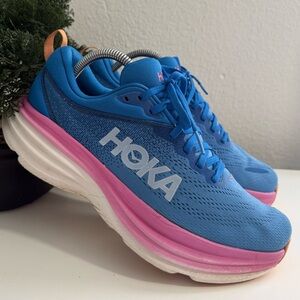 Hoka Bondi 8 Women's Blue and Pink Athletic Running Shoes